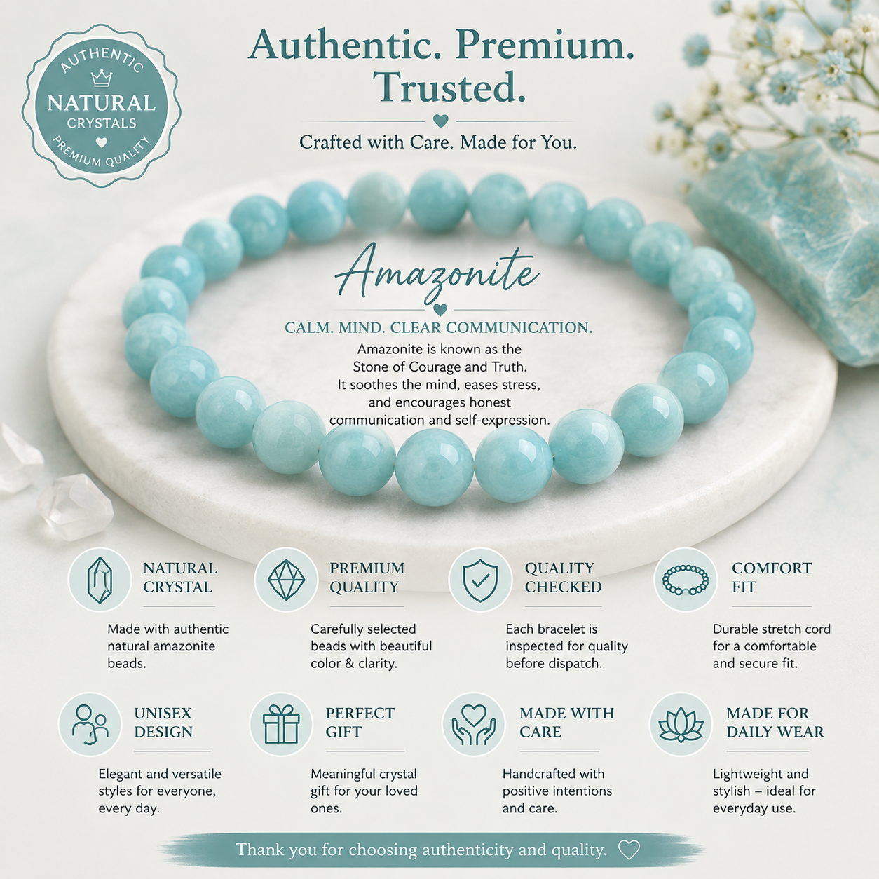 Amazonite Bracelet 8MM Round Plain , Natural gemstone bracelet