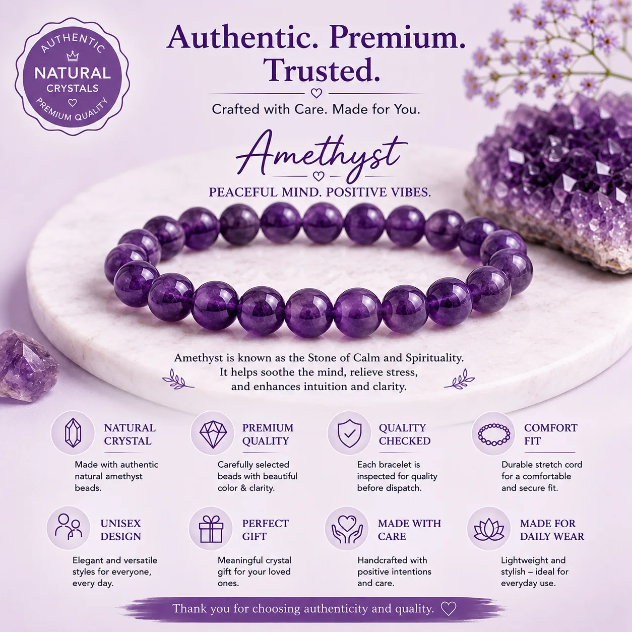 Natural Amethyst 8mm Bracelet Genuine Crystal Bead Bracelet - Image 4
